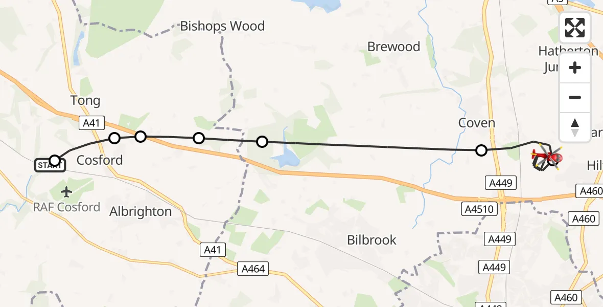 Flight route Air Ambulance Helicopter RAF Cosford - Featherstone, 11 July 2026, 08:03