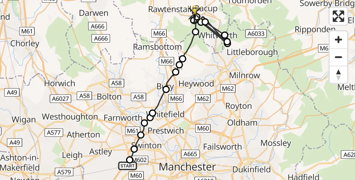 Flight route Police Helicopter Worsley - Bacup, 11 July 2026, 08:10