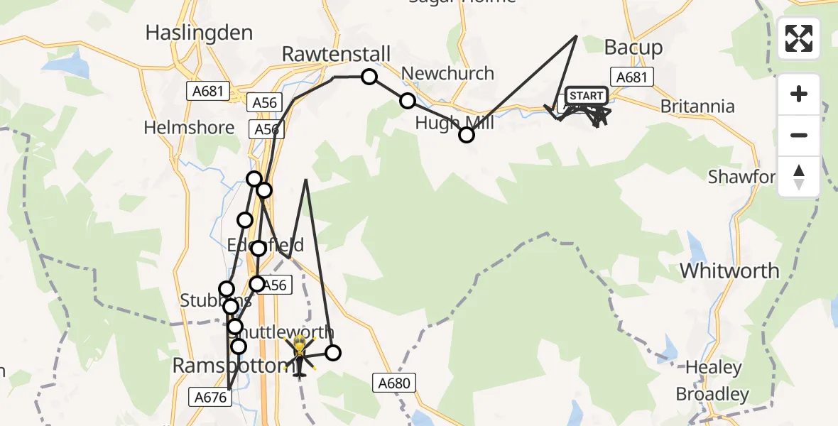 Flight route Police Helicopter Bacup - Rossendale, 11 July 2026, 08:29