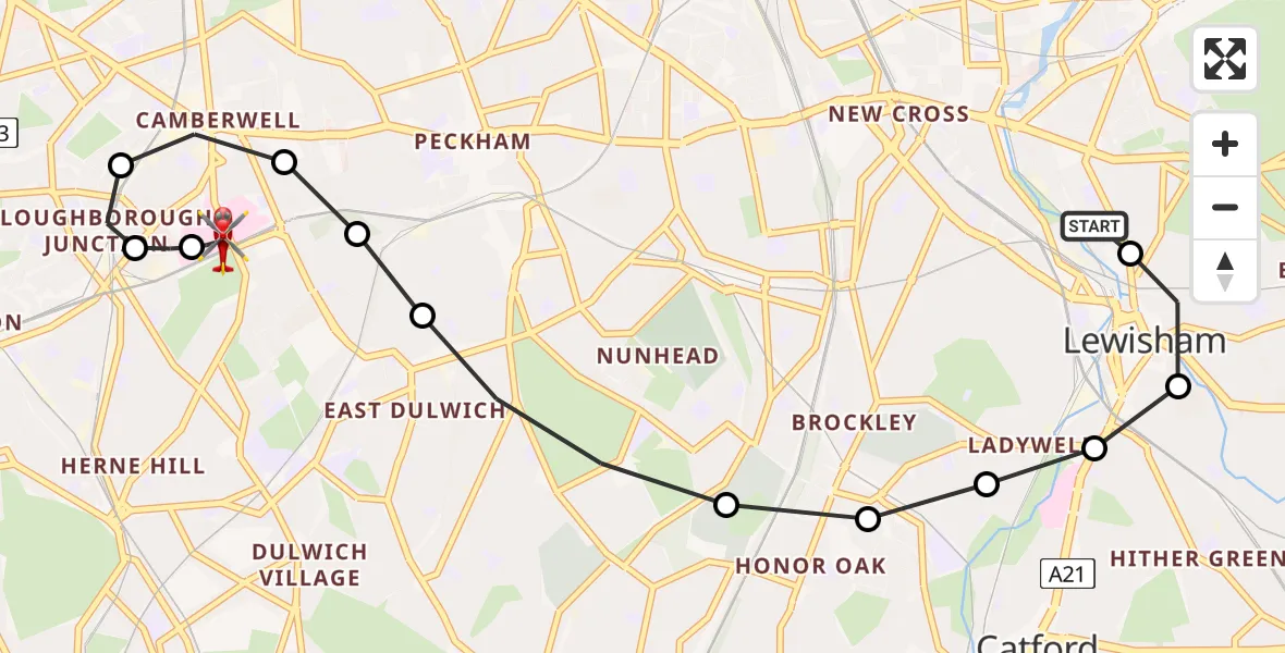 Flight route Air Ambulance Helicopter Egremont House - Kings College London Hospital, 11 July 2026, 08:36