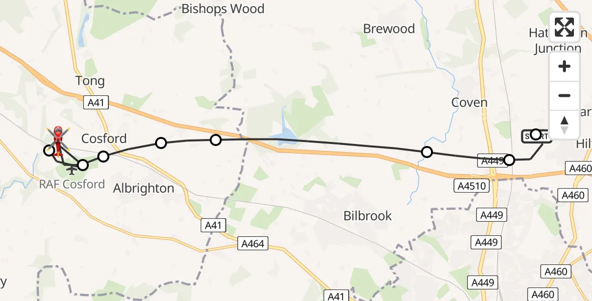 Flight route Air Ambulance Helicopter Featherstone - Cosford, 11 July 2026, 08:45