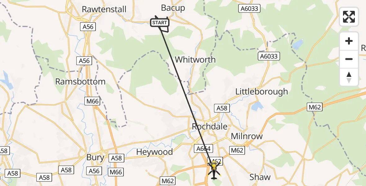 Flight route Police Helicopter Bacup - Oldham, 11 July 2026, 08:46