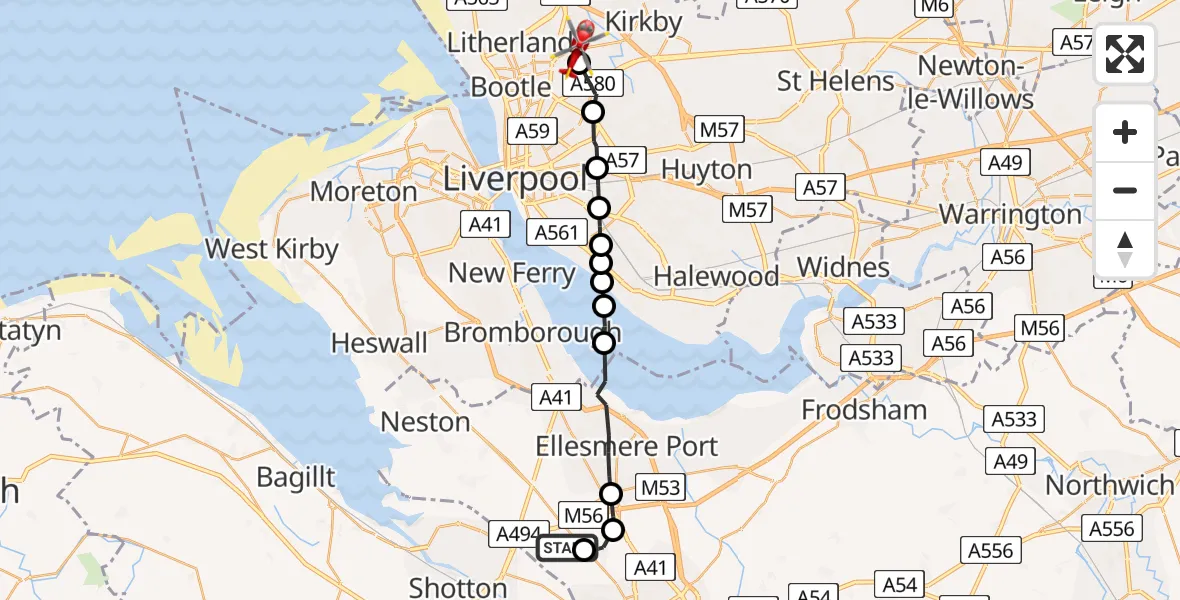 Flight route Air Ambulance Helicopter Saughall - Fazakerley, 11 July 2026, 08:49