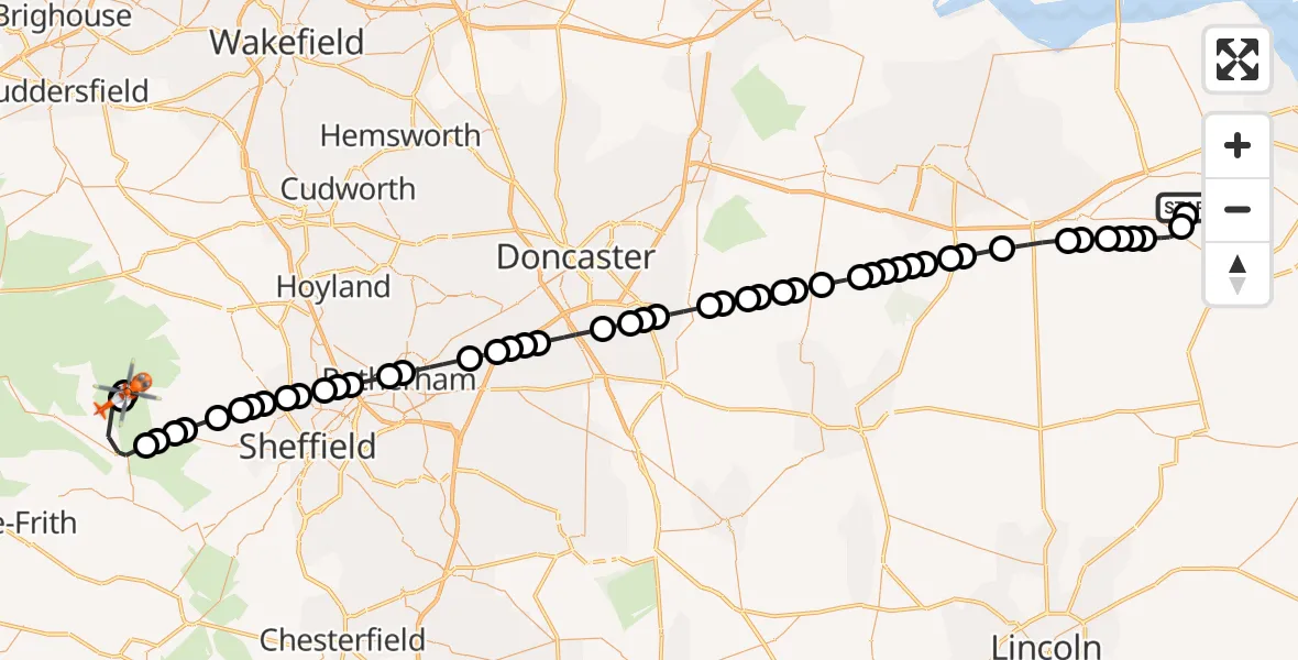 Flight route Coastguard Helicopter Humberside Airport - Bradfield, 11 July 2026, 08:56