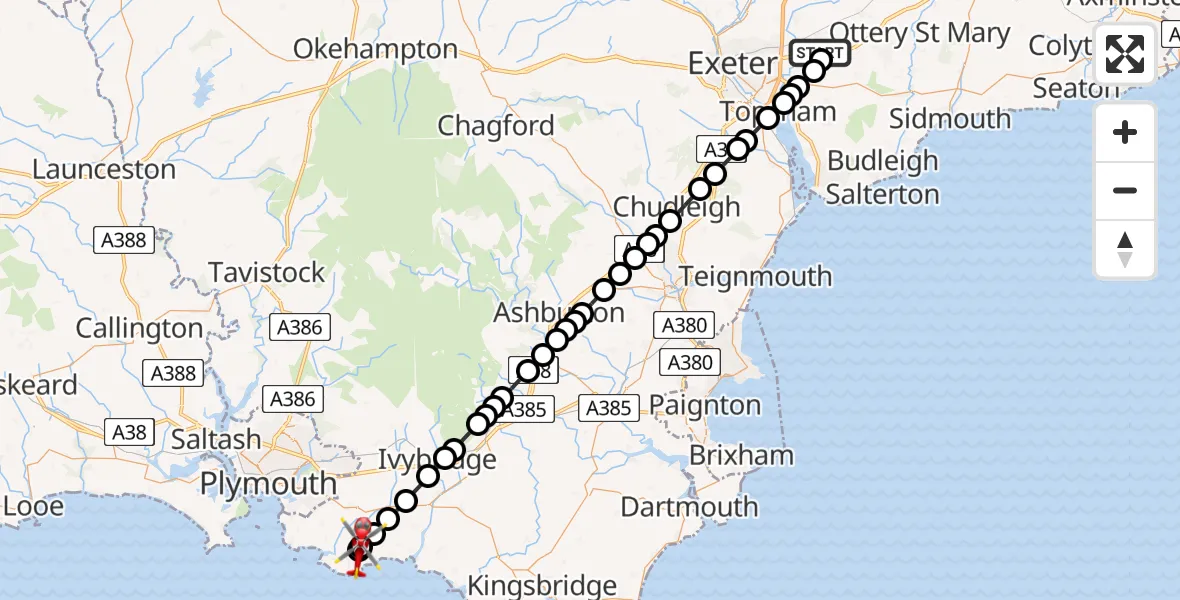 Flight route Air Ambulance Helicopter Exeter International Airport - South Hams, 11 July 2026, 09:04