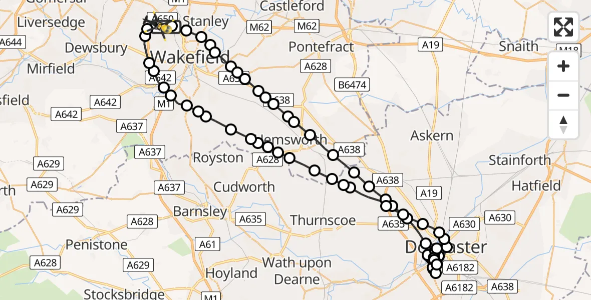 Flight route Police Helicopter Wrenthorpe - East Ardsley, 11 July 2026, 09:06