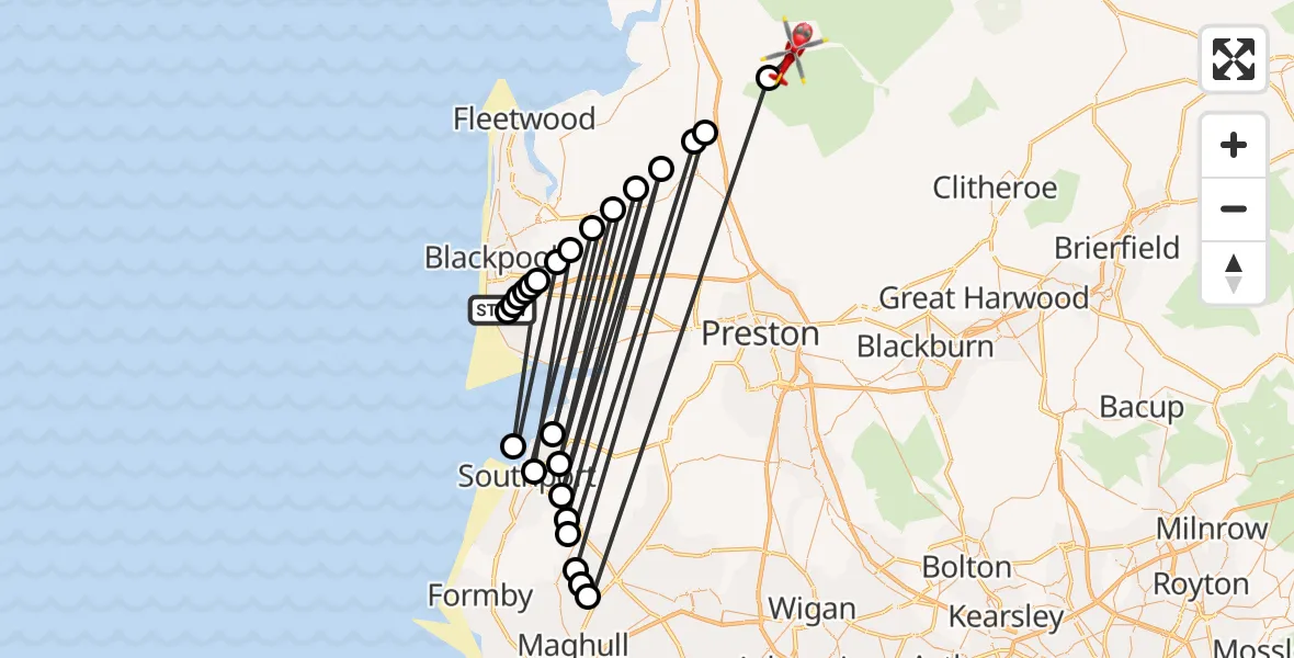Flight route Air Ambulance Helicopter Blackpool Airport - Lancaster, 11 July 2026, 09:10