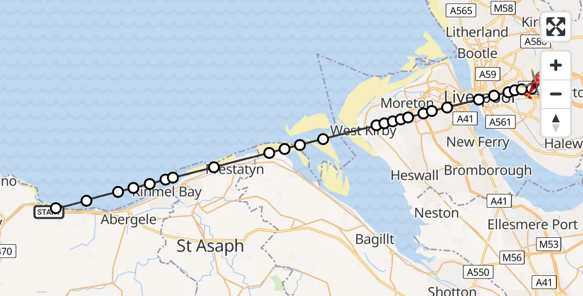 Flight route Air Ambulance Helicopter Colwyn Bay - Knotty Ash, 11 July 2026, 09:15