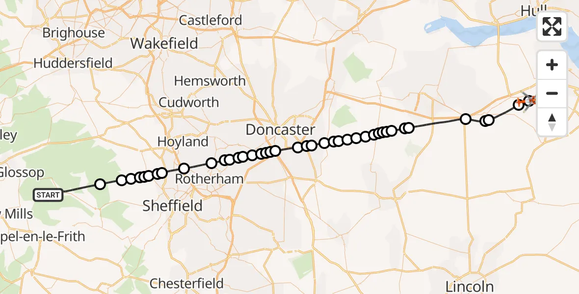 Flight route Coastguard Helicopter High Peak - Humberside Airport, 11 July 2026, 09:45