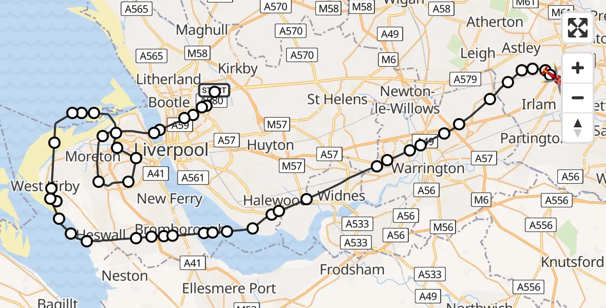 Flight route Air Ambulance Helicopter Aintree University Hospital Heliport - Irlam, 11 July 2026, 09:58