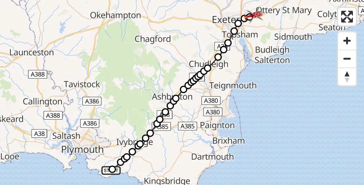 Flight route Air Ambulance Helicopter Newton Ferrers - Exeter International Airport, 11 July 2026, 09:59