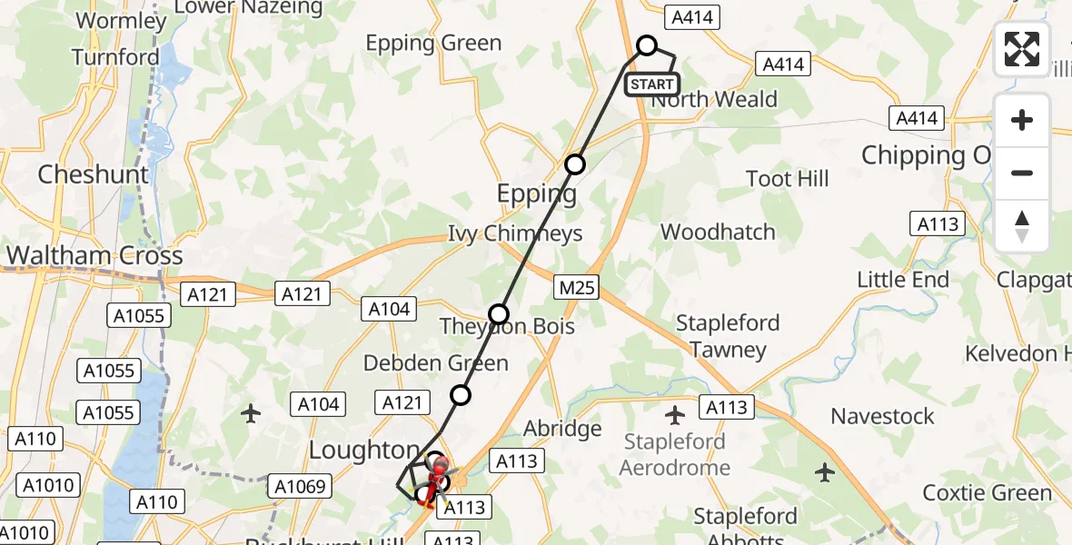 Flight route Air Ambulance Helicopter North Weald Airfield - Chigwell, 11 July 2026, 10:03