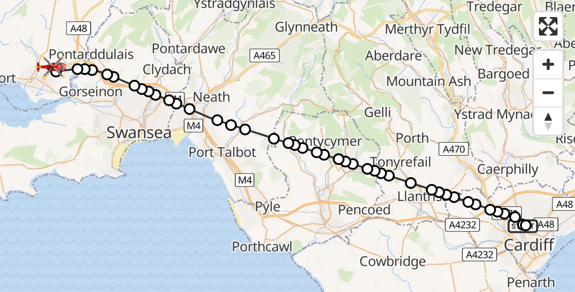 Flight route Air Ambulance Helicopter Birchgrove - Dafen, 11 July 2026, 10:03