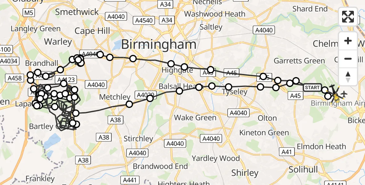 Flight route Police Helicopter Sheldon - Birmingham Airport, 11 July 2026, 10:04
