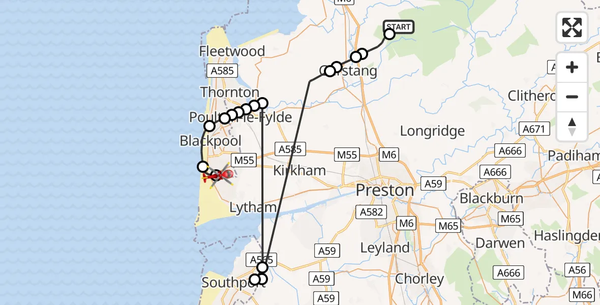 Flight route Air Ambulance Helicopter Lancaster - Blackpool Airport, 11 July 2026, 10:17