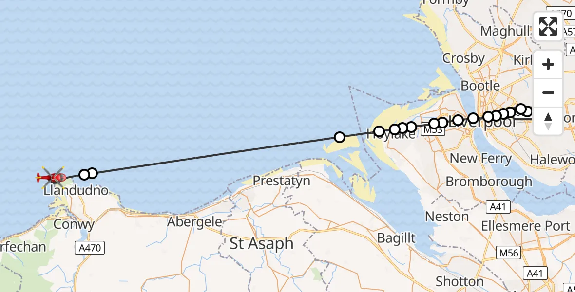 Flight route Air Ambulance Helicopter Knotty Ash - Llandudno, 11 July 2026, 10:23