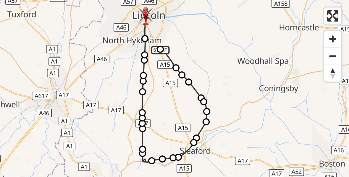 Flight route Air Ambulance Helicopter RAF Waddington - Bracebridge, 11 July 2026, 10:37