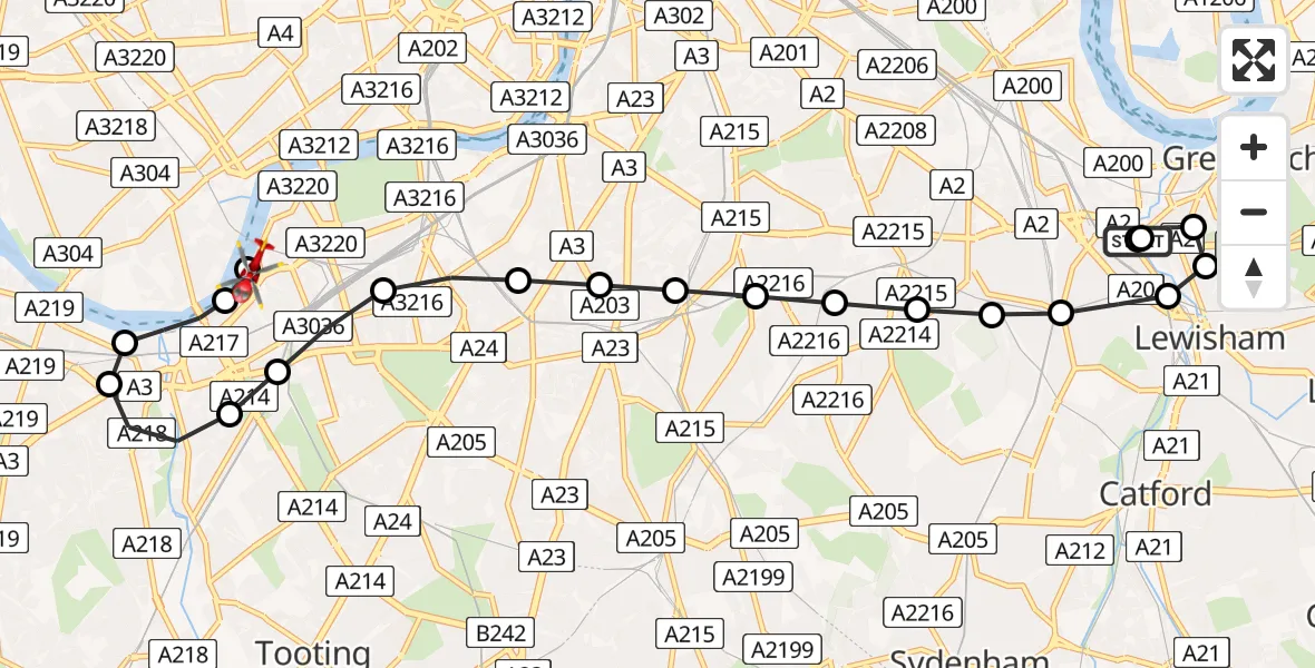 Flight route Air Ambulance Helicopter Deptford - London Heliport, 11 July 2026, 10:38