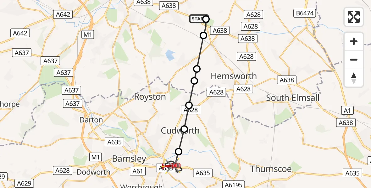 Flight route Air Ambulance Helicopter YAA Nostell Helicopter Port - Barnsley, 11 July 2026, 10:43