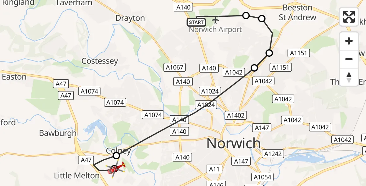 Flight route Air Ambulance Helicopter Norwich Airport - Norfolk & Norwich Hospital, 11 July 2026, 10:53