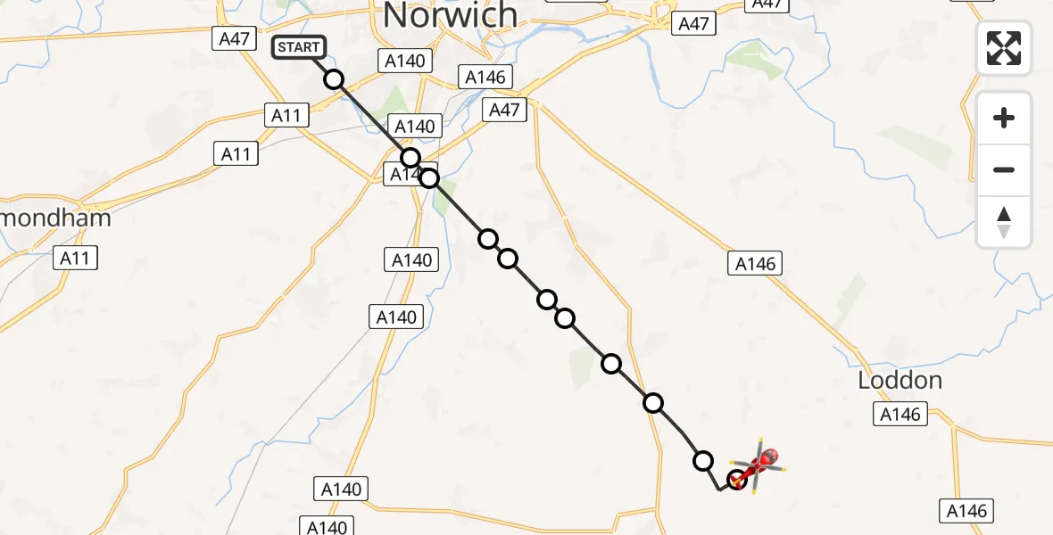 Flight route Air Ambulance Helicopter Colney - Seething Airfield, 11 July 2026, 11:05