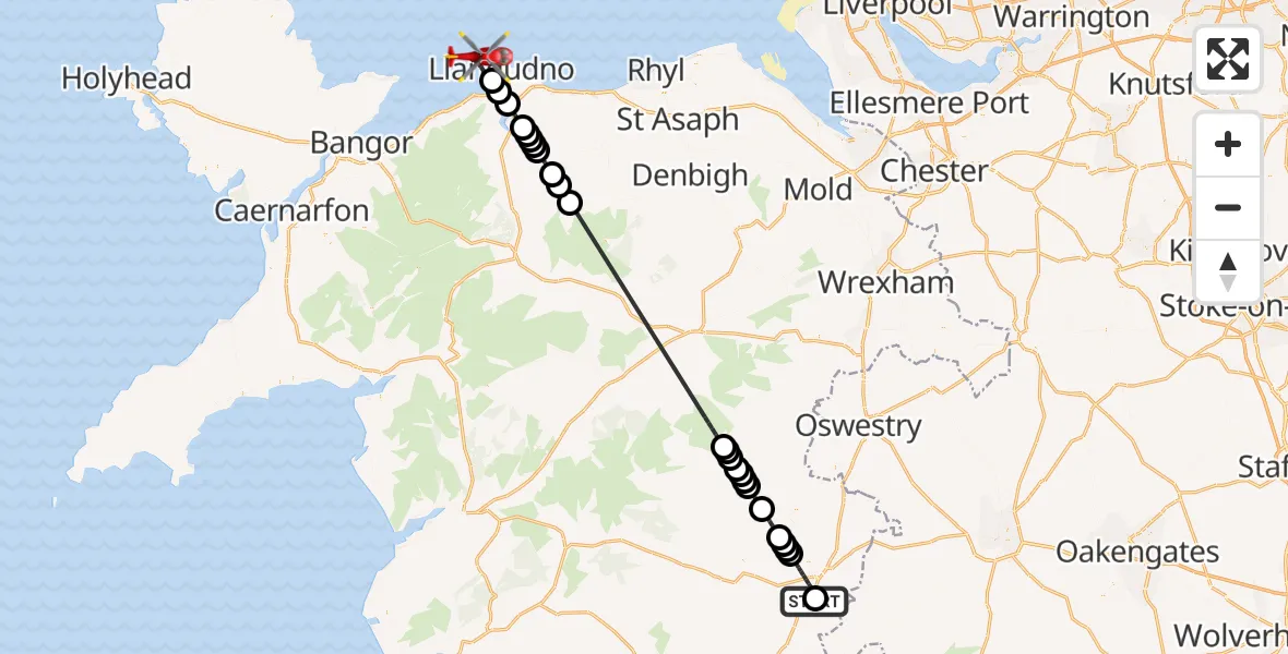 Flight route Air Ambulance Helicopter Welshpool Airport - Llandudno, 11 July 2026, 11:12
