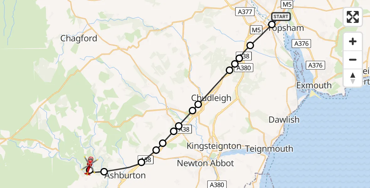 Flight route Air Ambulance Helicopter Topsham - Widecombe-in-the-Moor, 11 July 2026, 11:31