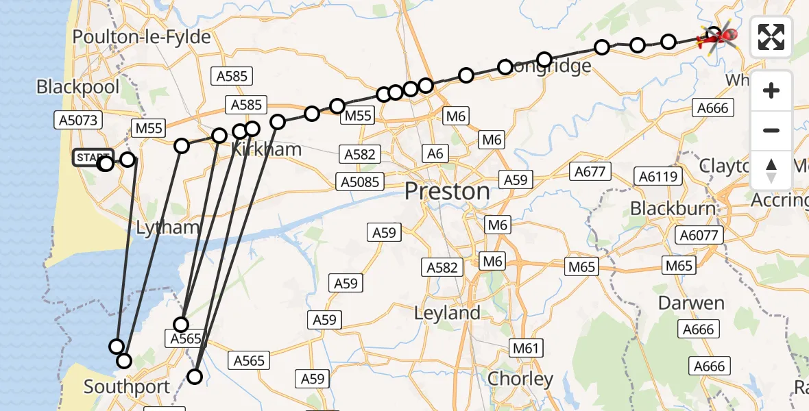 Flight route Air Ambulance Helicopter Blackpool Airport - Great Mitton, 11 July 2026, 11:32