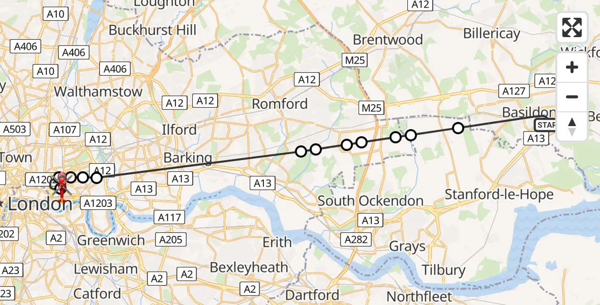 Flight route Air Ambulance Helicopter Basildon - Royal London Hospital, 11 July 2026, 11:38