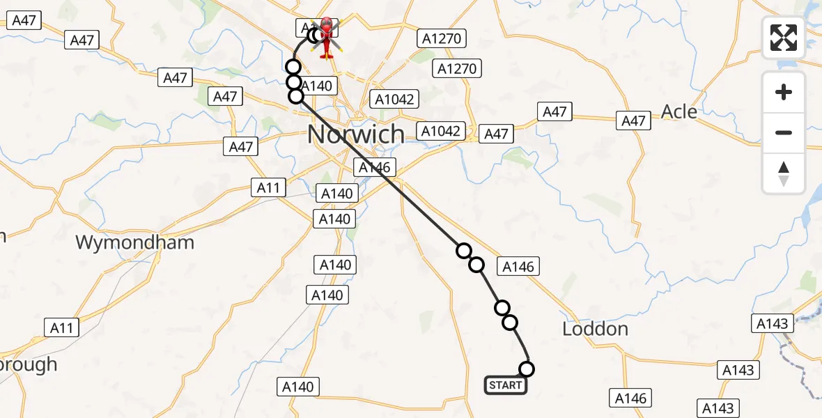 Flight route Air Ambulance Helicopter Seething Airfield - Norwich Airport, 11 July 2026, 11:37