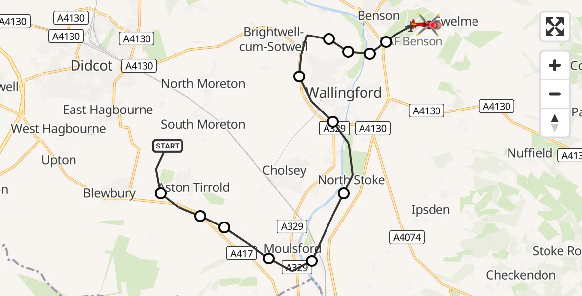 Flight route Air Ambulance Helicopter Blewbury - RAF Benson, 11 July 2026, 11:48