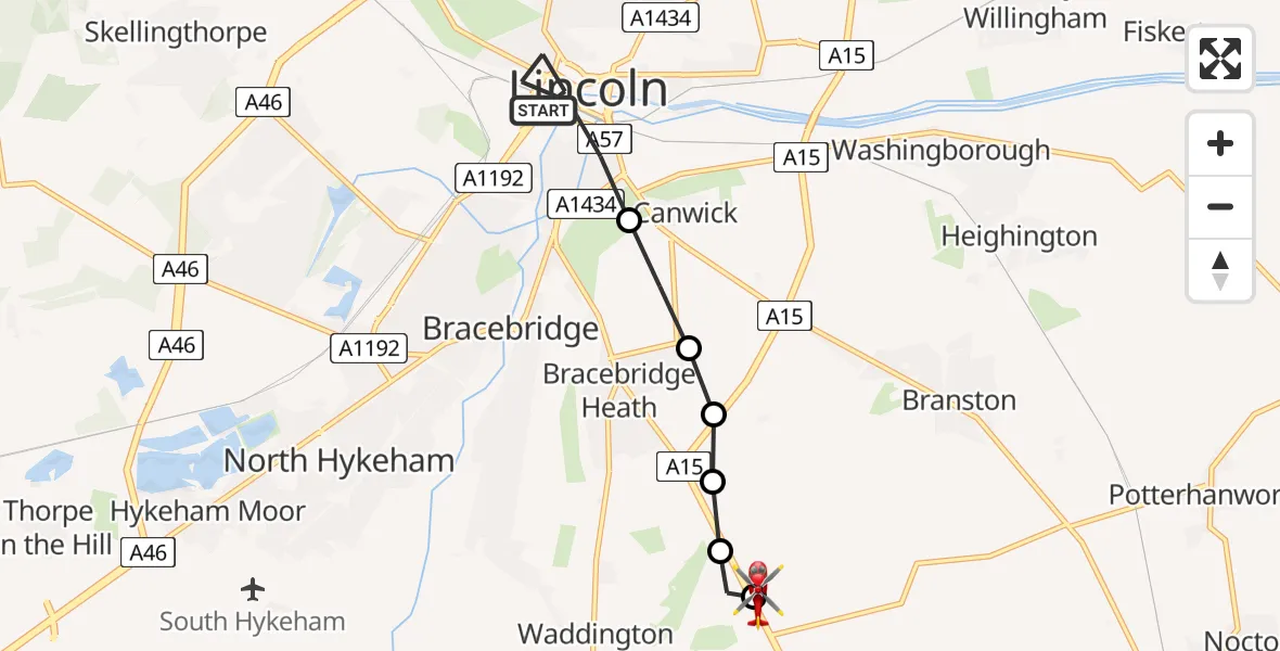 Flight route Air Ambulance Helicopter Bracebridge - North Kesteven, 11 July 2026, 11:49