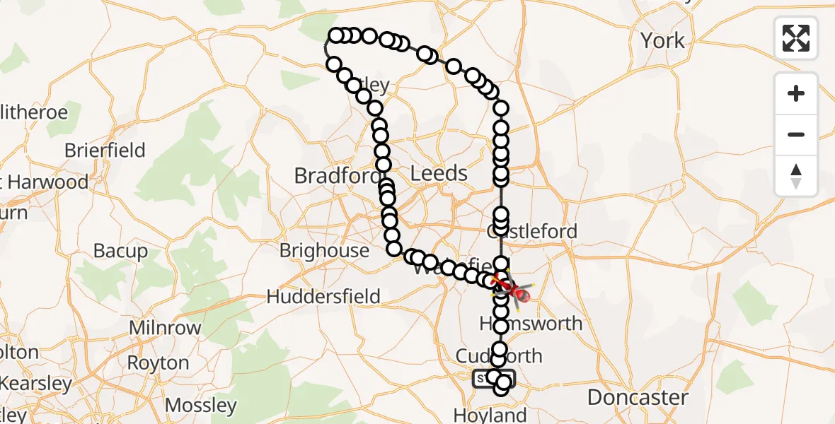 Flight route Air Ambulance Helicopter Barnsley - YAA Nostell Helicopter Port, 11 July 2026, 11:50