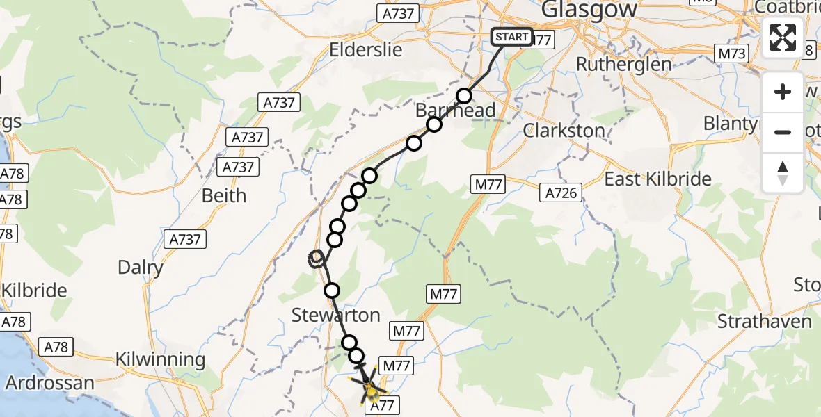 Flight route Police Helicopter Glasgow - Onthank, 11 July 2026, 12:08