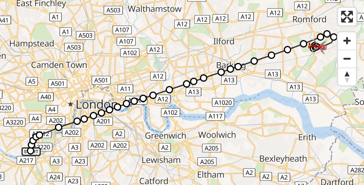 Flight route Air Ambulance Helicopter London Heliport - Elm Park, 11 July 2026, 12:10