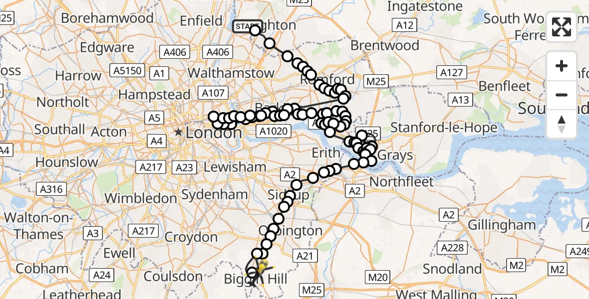 Flight route Police Helicopter Sewardstonebury - London Biggin Hill Airport, 11 July 2026, 12:12