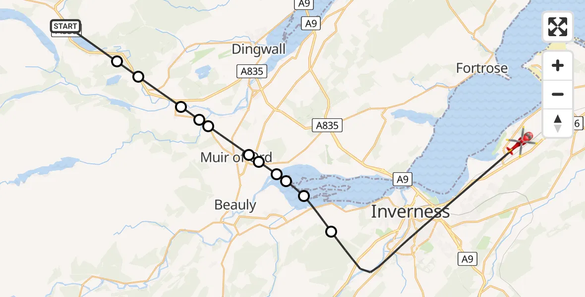 Flight route Air Ambulance Helicopter Garve - Inverness, 11 July 2026, 12:15