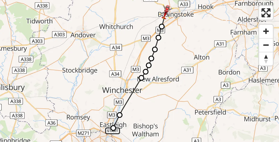 Flight route Air Ambulance Helicopter Southampton Airport - Basingstoke, 11 July 2026, 12:23