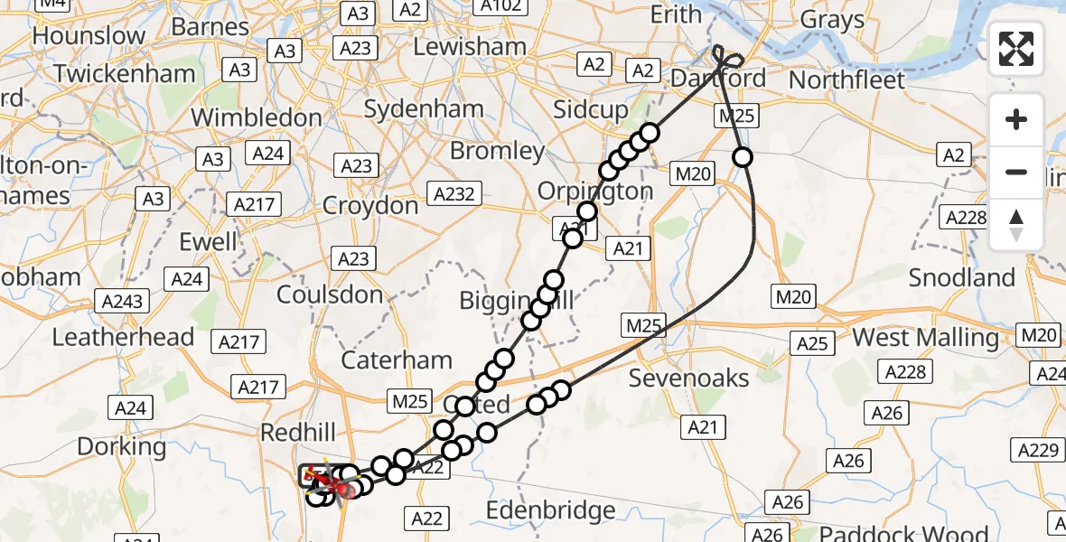 Flight route Air Ambulance Helicopter Redhill Aerodrome - South Nutfield, 11 July 2026, 12:32