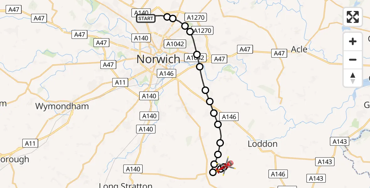 Flight route Air Ambulance Helicopter Norwich Airport - Seething Airfield, 11 July 2026, 12:34