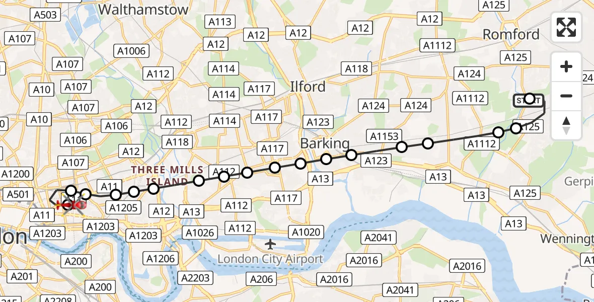 Flight route Air Ambulance Helicopter Elm Park - Royal London Hospital, 11 July 2026, 12:42