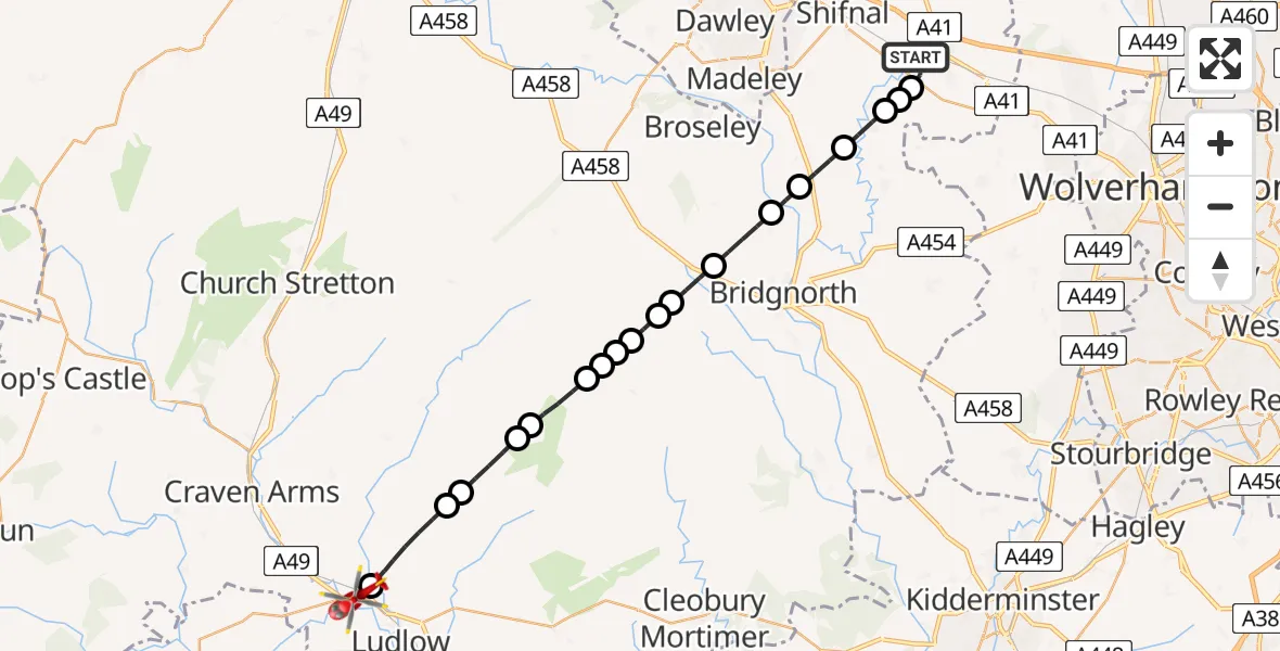Flight route Air Ambulance Helicopter RAF Cosford - Bromfield, 11 July 2026, 12:44