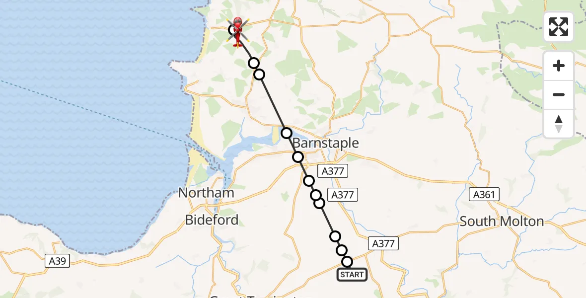 Flight route Air Ambulance Helicopter Torridge - Woolacombe, 11 July 2026, 12:45