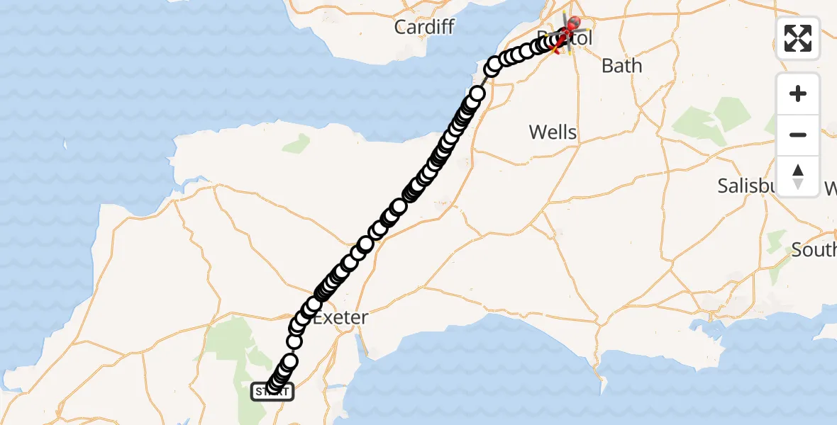 Flight route Air Ambulance Helicopter Buckland in the Moor - Bristol Royal Infirmary, 11 July 2026, 12:46
