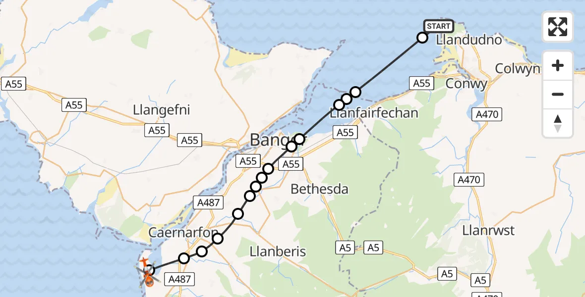 Flight route Coastguard Helicopter Llandudno - Caernarfon Airport, 11 July 2026, 12:59