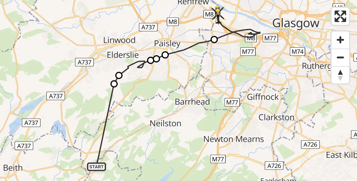 Flight route Police Helicopter Lugton - Renfrew, 11 July 2026, 12:59