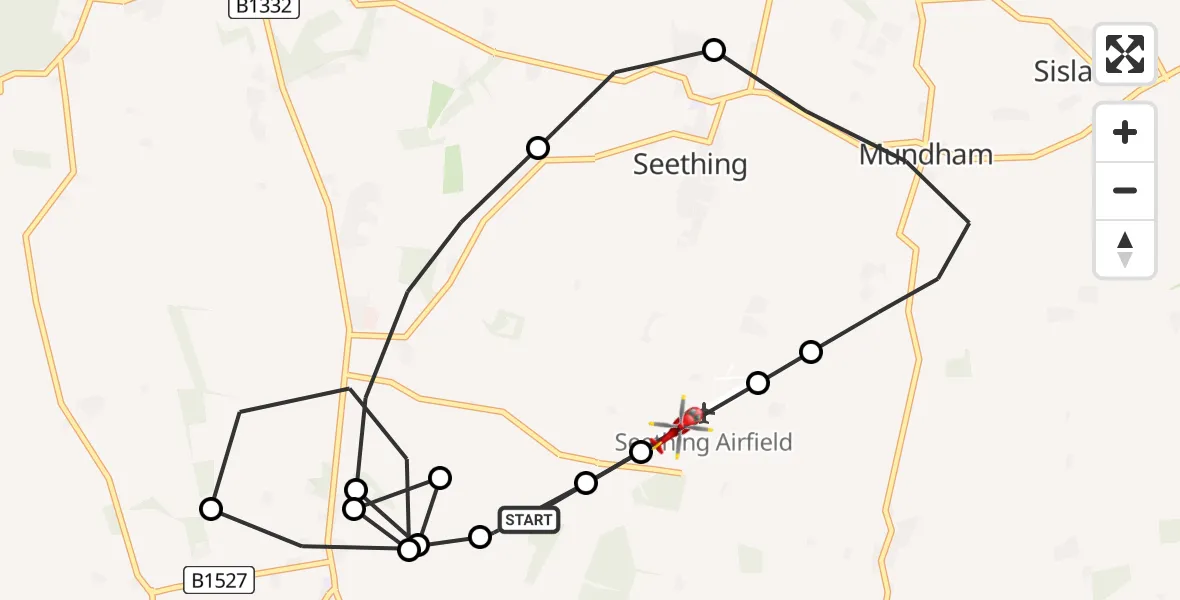 Flight route Air Ambulance Helicopter Seething - Seething Airfield, 11 July 2026, 13:03