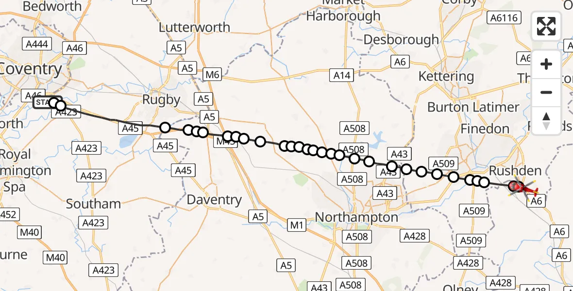 Flight route Air Ambulance Helicopter Coventry Airport - Rushden, 11 July 2026, 13:04