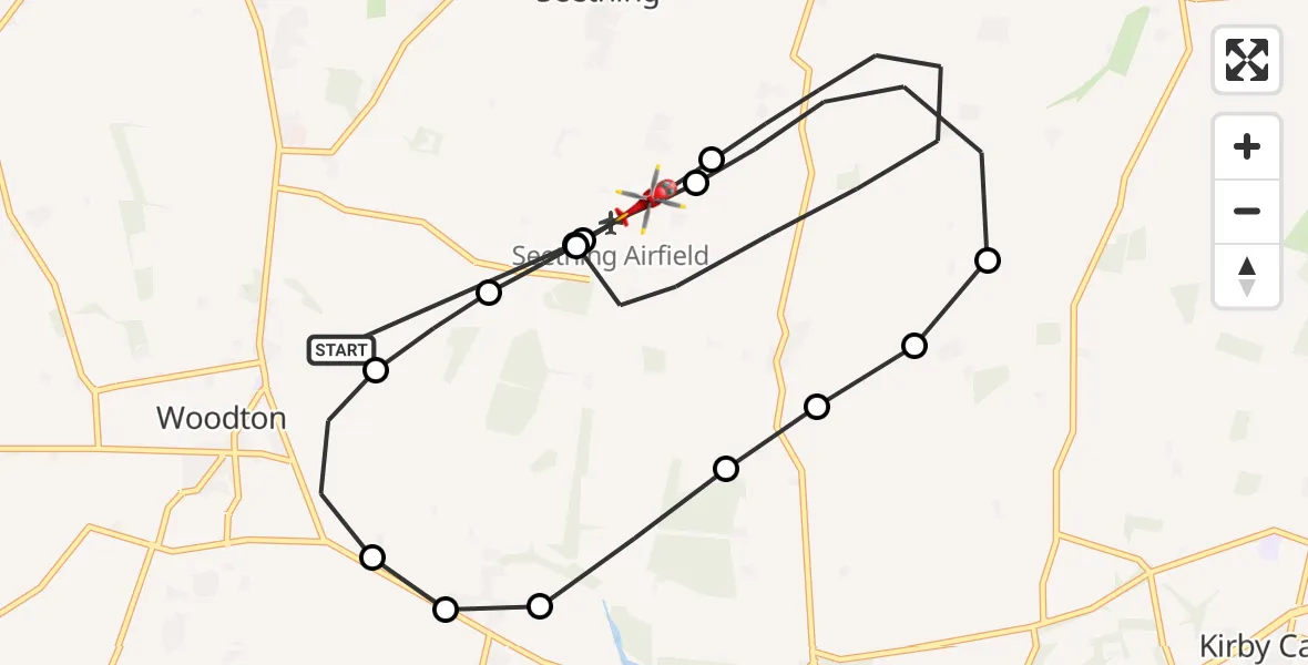 Flight route Air Ambulance Helicopter Woodton - Seething Airfield, 11 July 2026, 13:11