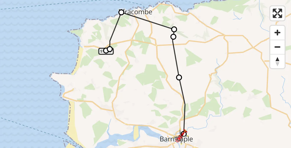Flight route Air Ambulance Helicopter North Devon - Barnstaple, 11 July 2026, 13:12